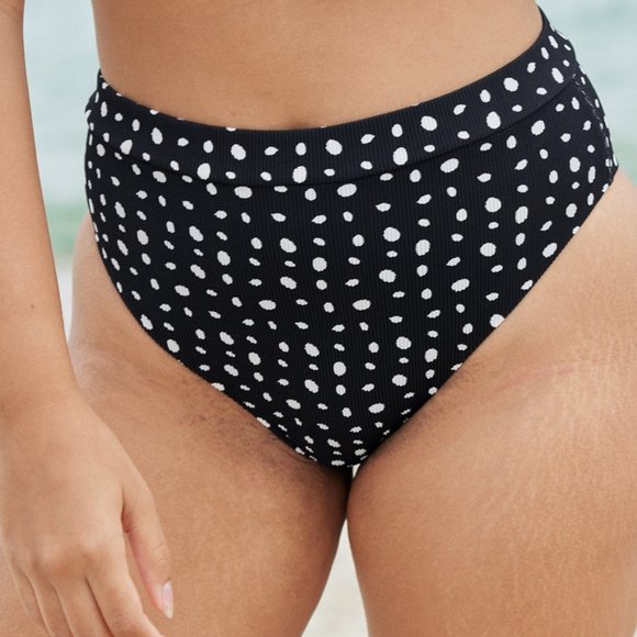 Aerie Black White Polka Dot‎ Ribbed High Waisted Cheeky Bikini Swim Bottom S - Picture 1 of 8
